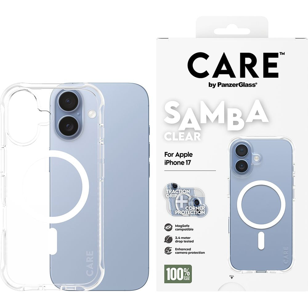 Handyhülle für iPhone 17, CARE by PanzerGlass Fashionable Samba MagSafe, Transparent und Weiß