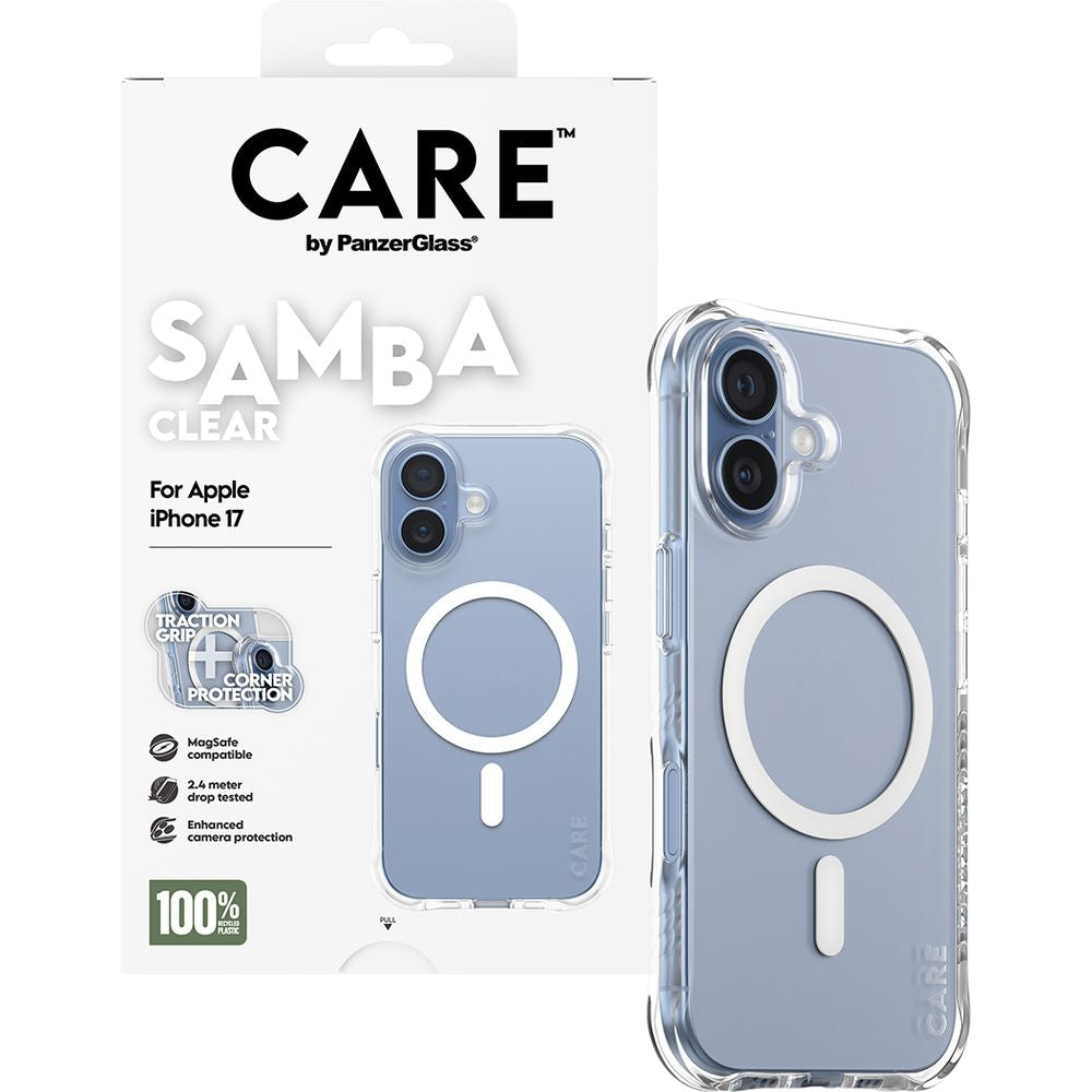 Handyhülle für iPhone 17, CARE by PanzerGlass Fashionable Samba MagSafe, Transparent und Weiß