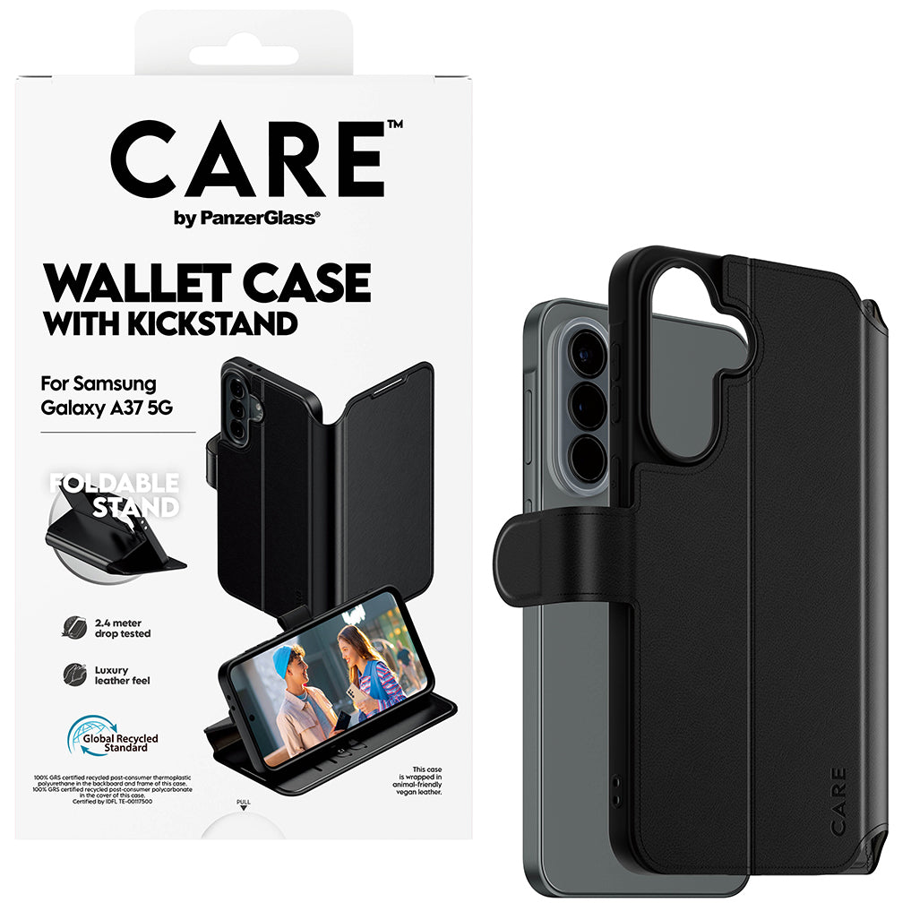 Handyhülle mit Klappe für Galaxy A37 5G, Care by PanzerGlass Wallet Case with Kickstand, Schwarz