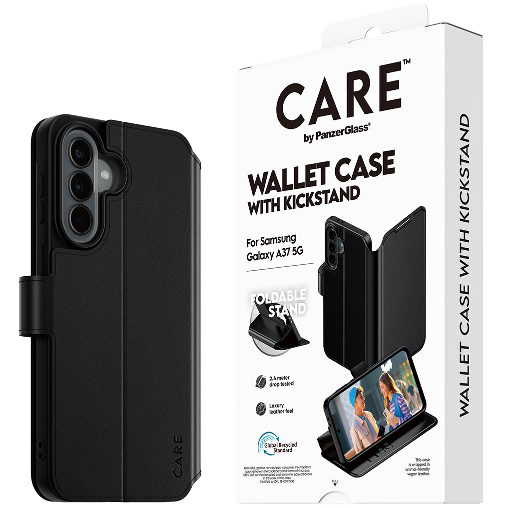 Handyhülle mit Klappe für Galaxy A37 5G, Care by PanzerGlass Wallet Case with Kickstand, Schwarz