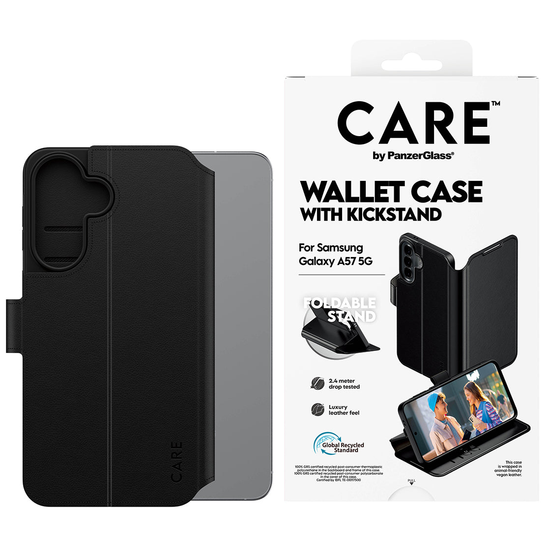 Handyhülle mit Klappe für Galaxy A57 5G, Care by PanzerGlass Wallet Case with Kickstand, Schwarz
