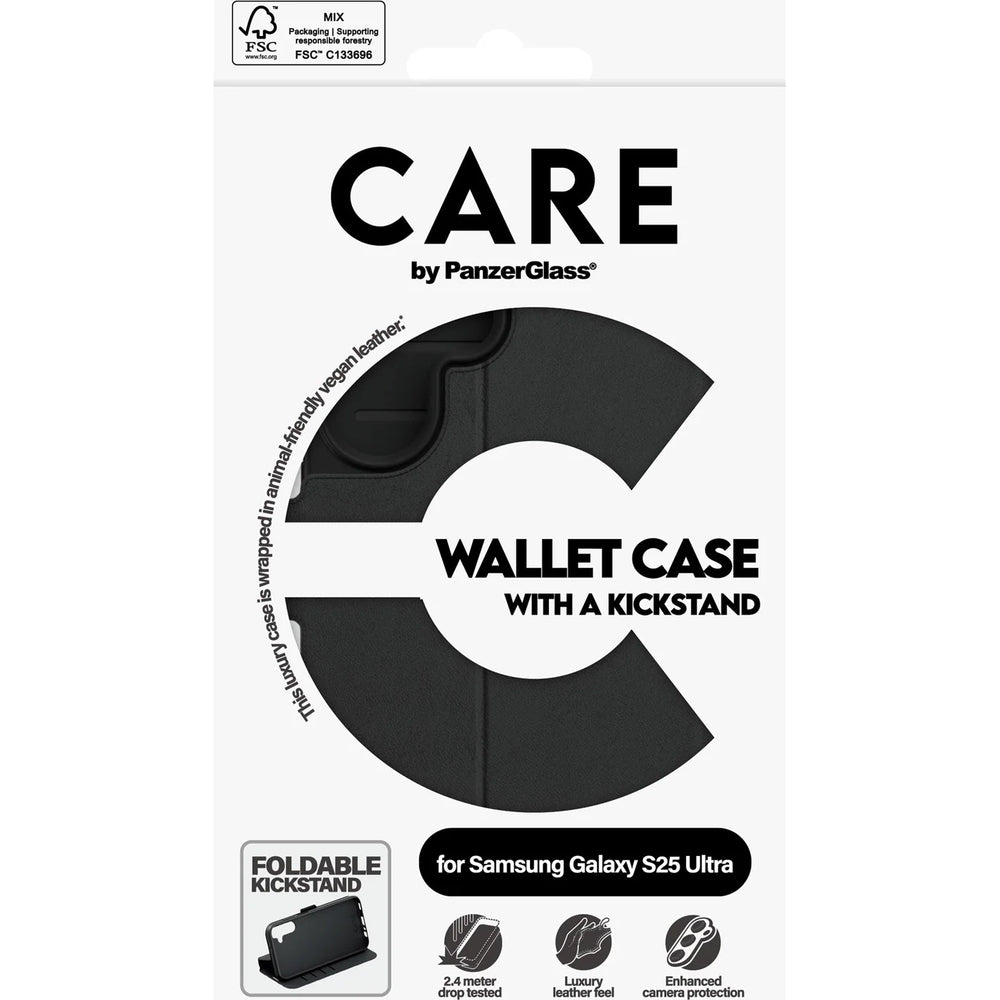 Care by PanzerGlass Wallet Case mit Kickstand für Galaxy S25 Ultra, schützende Handyhülle mit Kartenfach, veganem Leder, schwarz.