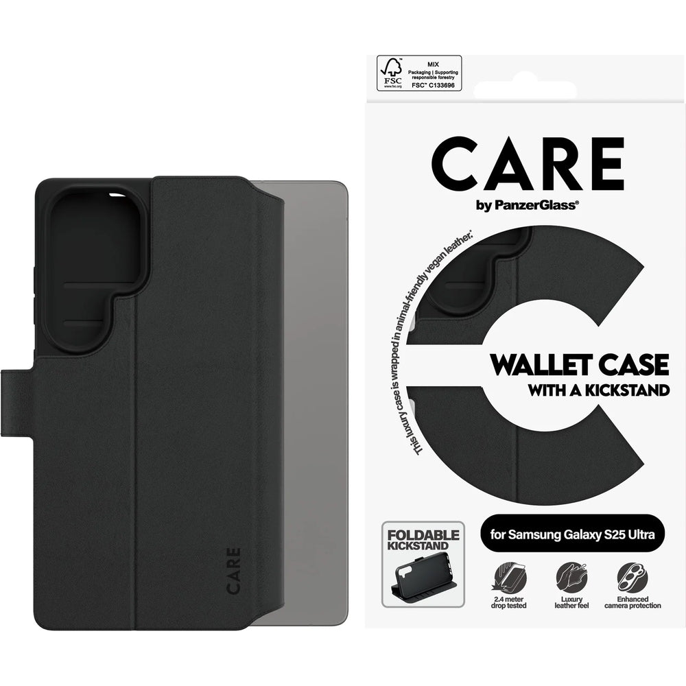 Schwarze Handyhülle Care by PanzerGlass für Samsung Galaxy S25 Ultra mit Klappe und Ständer, aus veganem Leder.