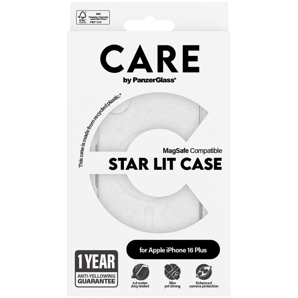 Handyhülle für iPhone 16 Plus, CARE by PanzerGlass Star Lit Case MagSafe, Transparent und Weiß