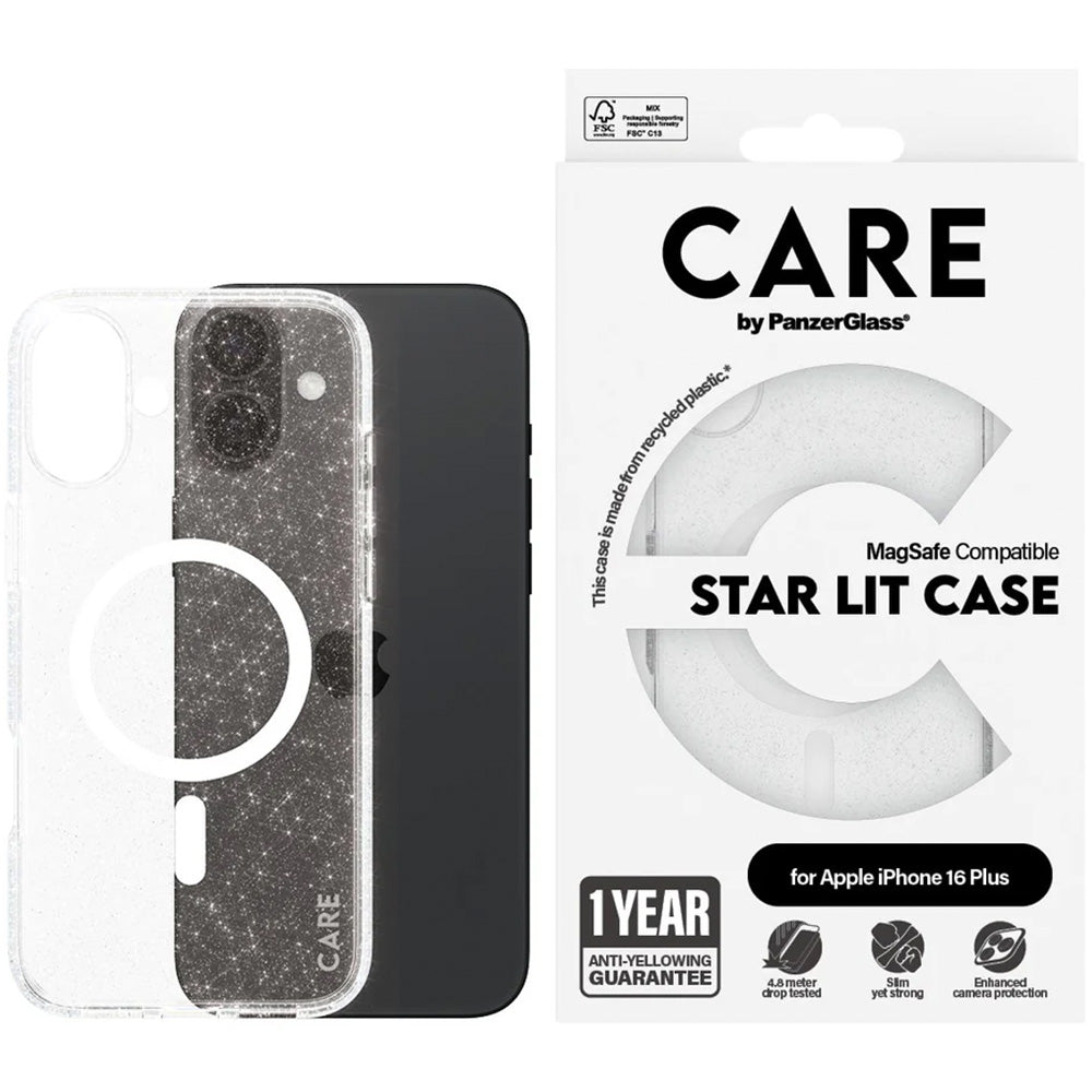 Handyhülle für iPhone 16 Plus, CARE by PanzerGlass Star Lit Case MagSafe, Transparent und Weiß