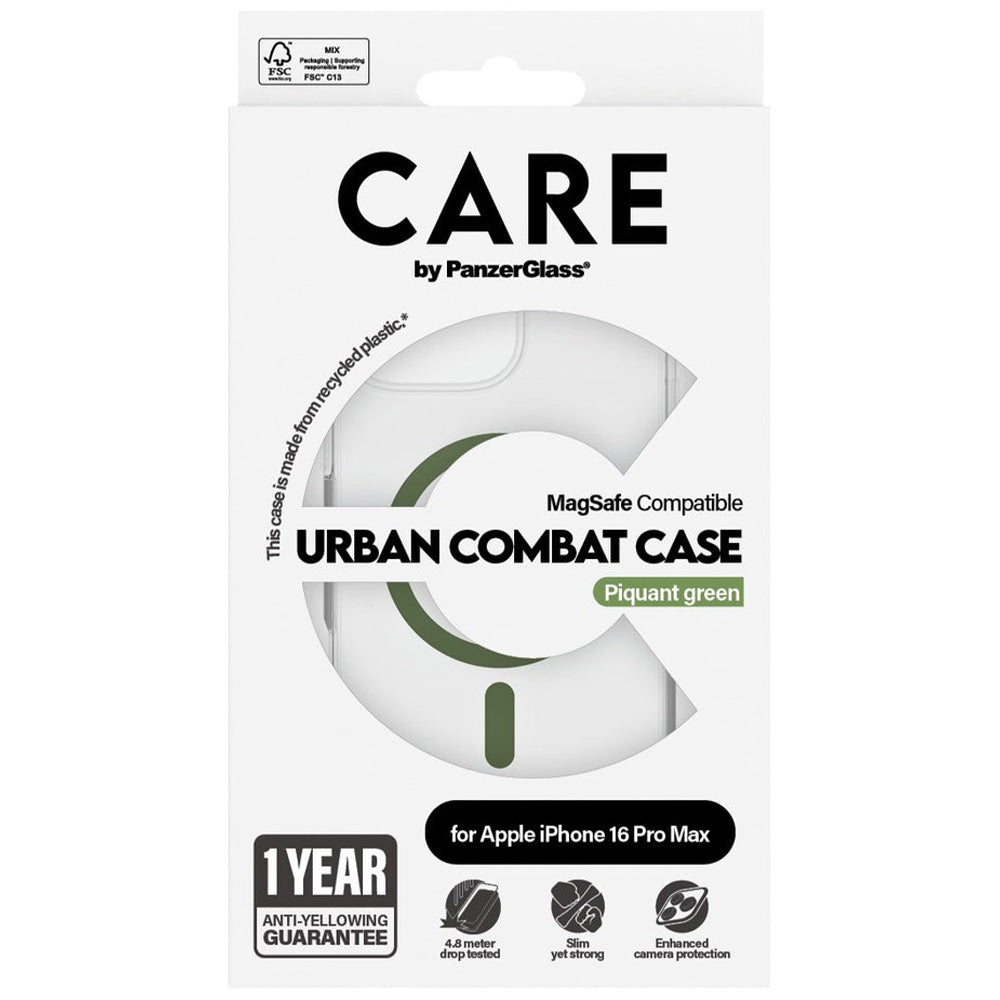 Handyhülle für iPhone 16 Pro Max, Care by PanzerGlass Urban Combat Case mit MagSafe, Transparent und Grün