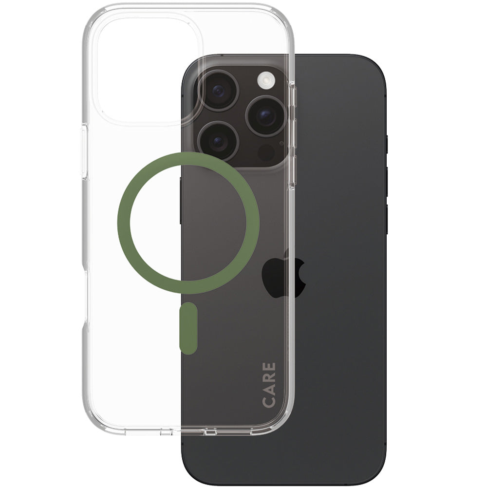 Handyhülle für iPhone 16 Pro Max, Care by PanzerGlass Urban Combat Case mit MagSafe, Transparent und Grün