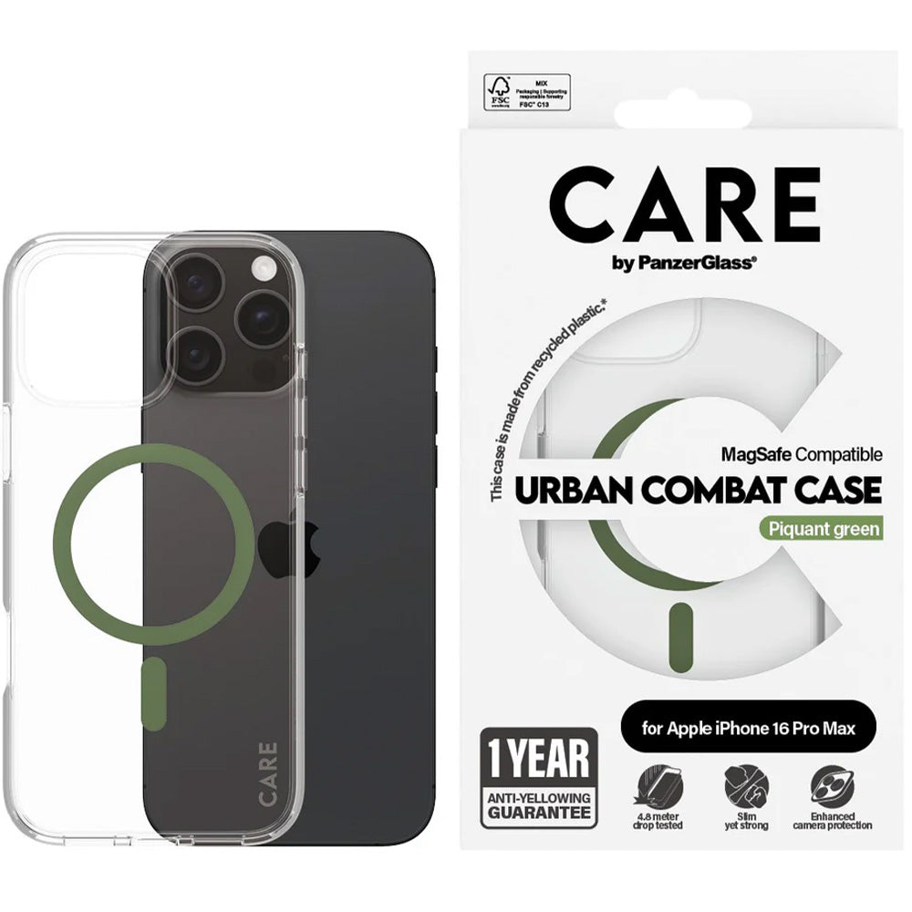 Handyhülle für iPhone 16 Pro Max, Care by PanzerGlass Urban Combat Case mit MagSafe, Transparent und Grün