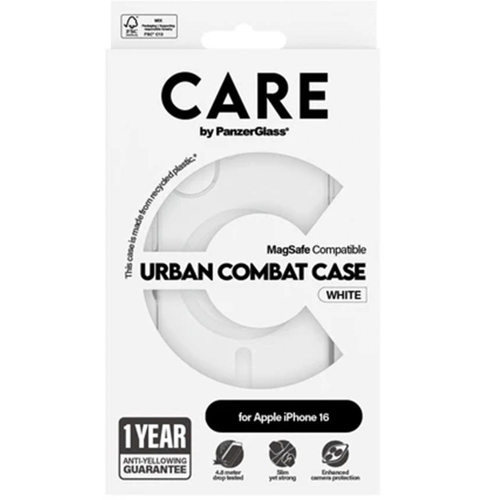 Handyhülle für iPhone 16, Care by PanzerGlass Urban Combat Case mit MagSafe, Transparent und Weiß