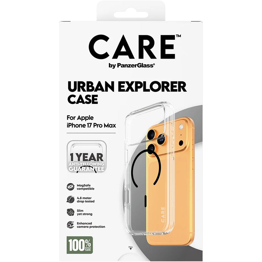 Handyhülle für iPhone 17 Pro Max, CARE by PanzerGlass Flagship Urban Explorer mit MagSafe, Transparent-Schwarz