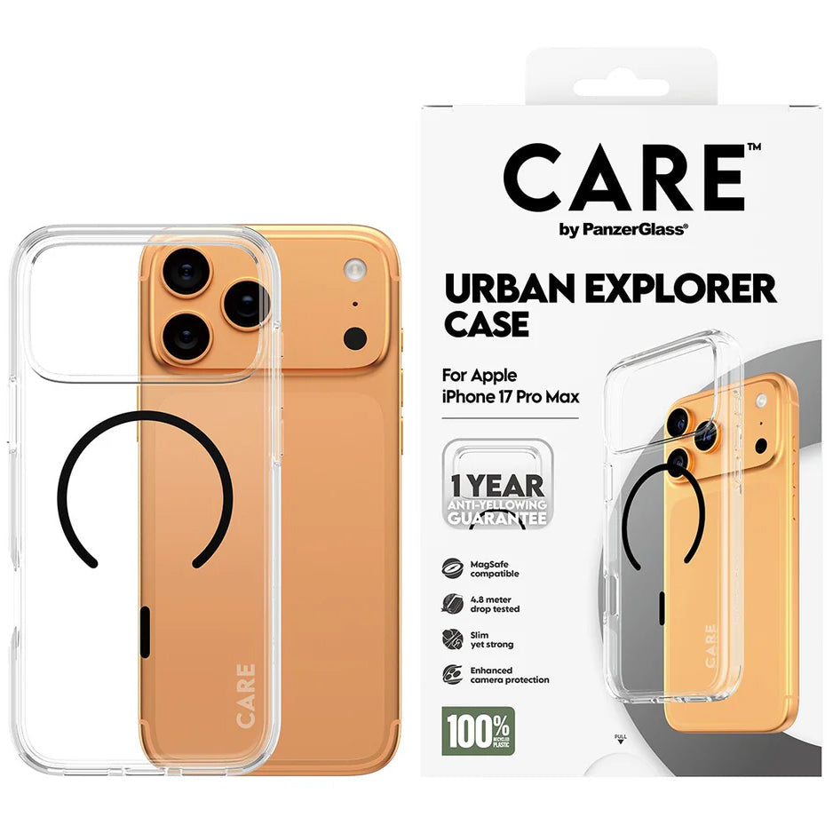 Handyhülle für iPhone 17 Pro Max, CARE by PanzerGlass Flagship Urban Explorer mit MagSafe, Transparent-Schwarz