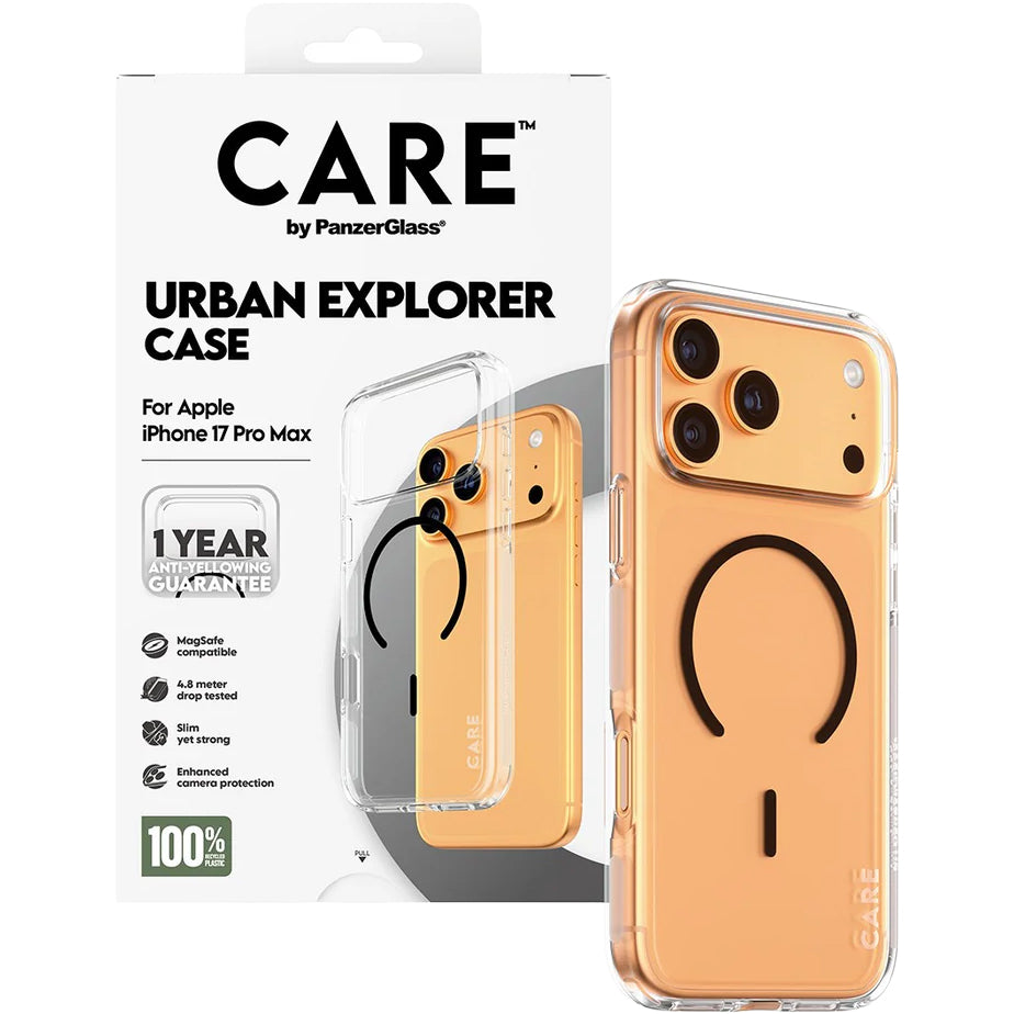 Handyhülle für iPhone 17 Pro Max, CARE by PanzerGlass Flagship Urban Explorer mit MagSafe, Transparent-Schwarz