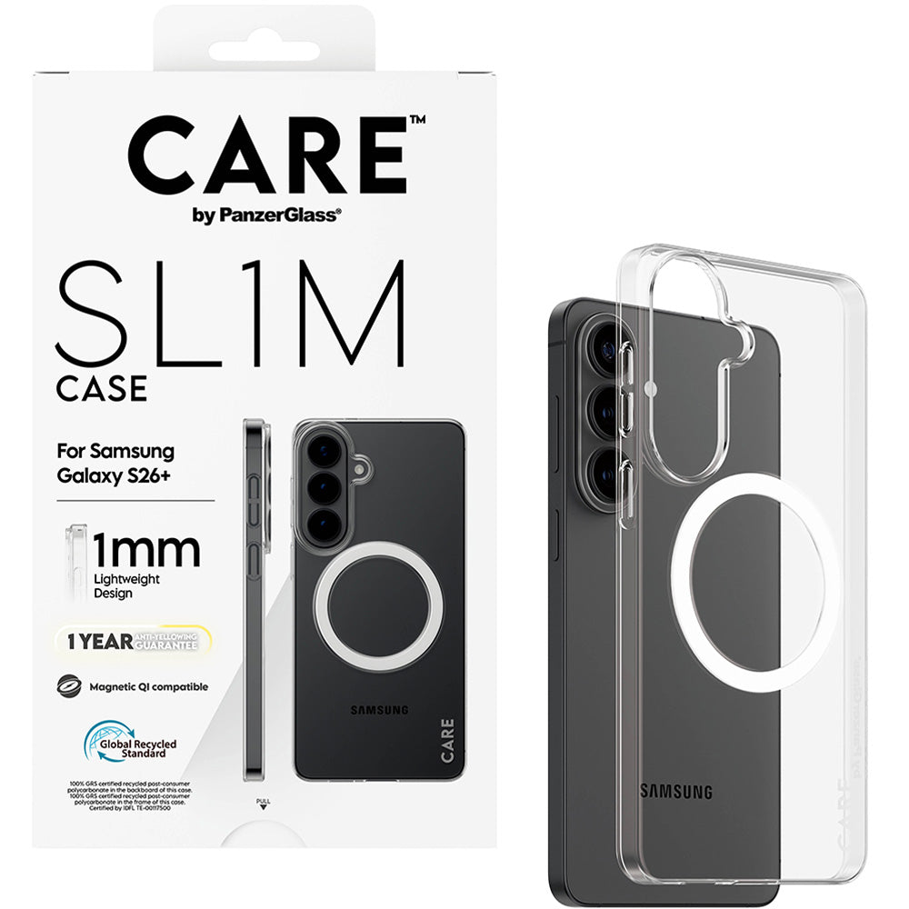 Handyhülle für Galaxy S26 Plus, CARE by PanzerGlass SL1M mit MagSafe, Transparent und Weiß