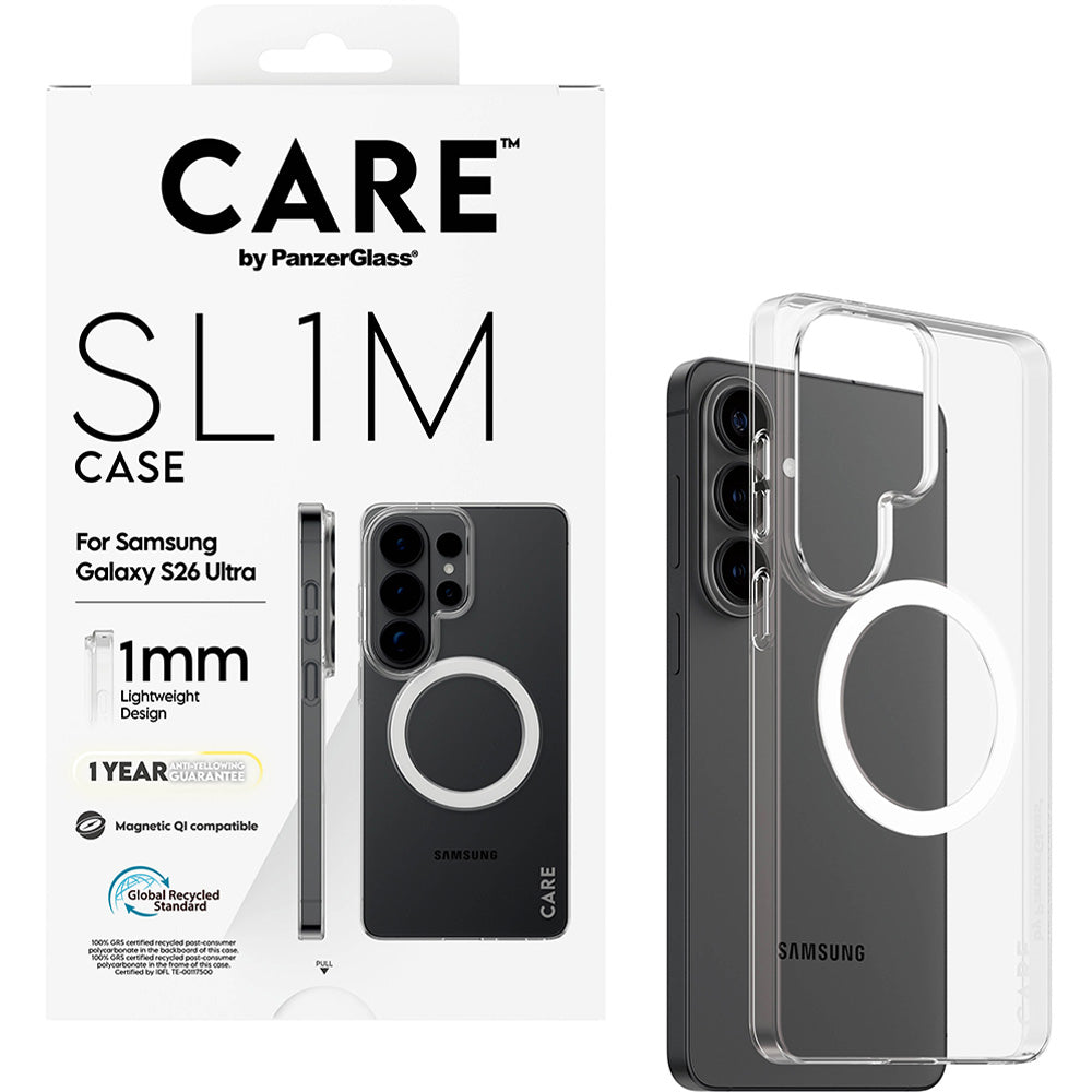 Handyhülle für Galaxy S26 Ultra, CARE by PanzerGlass SL1M mit MagSafe, Transparent und Weiß