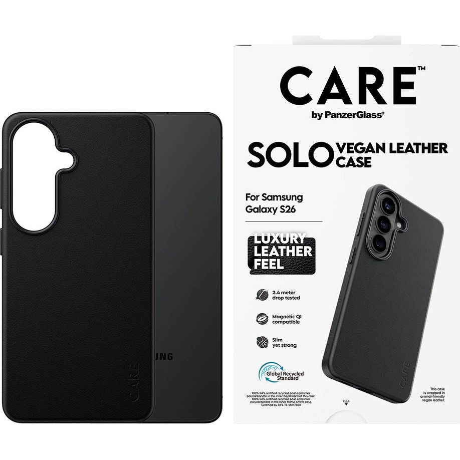 Handyhülle aus veganem Leder für Galaxy S26, CARE by PanzerGlass Solo mit MagSafe, Schwarz