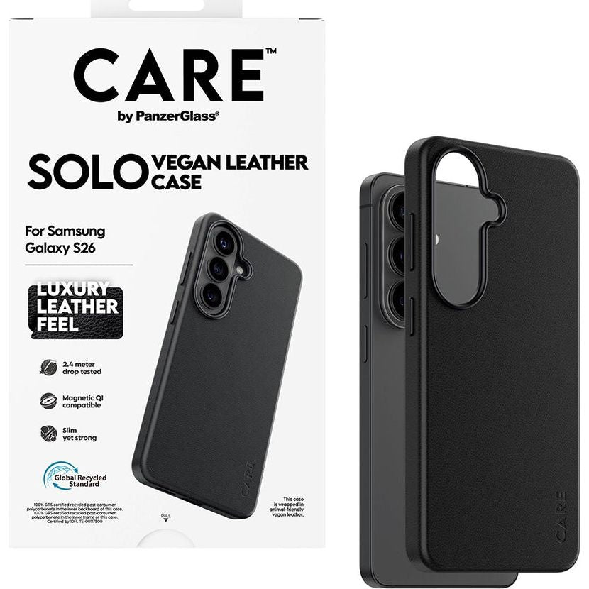 Handyhülle aus veganem Leder für Galaxy S26, CARE by PanzerGlass Solo mit MagSafe, Schwarz