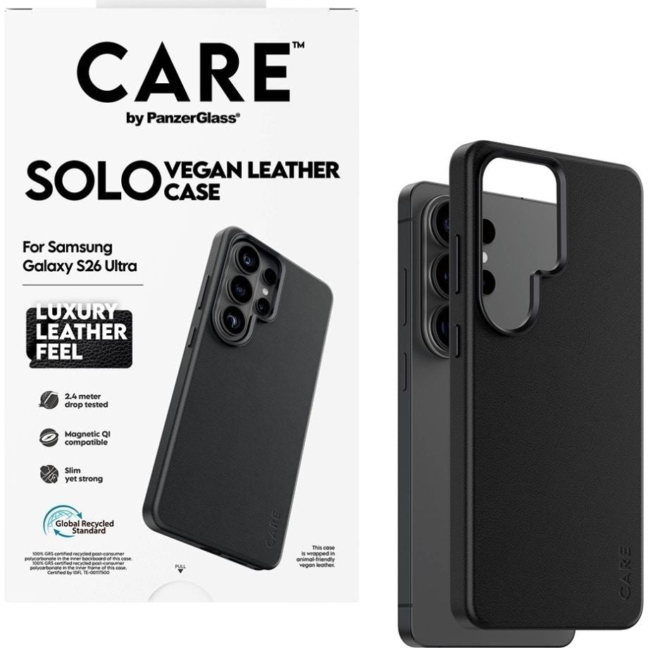 Handyhülle aus veganem Leder für Galaxy S26 Ultra, CARE by PanzerGlass Solo mit MagSafe, Schwarz