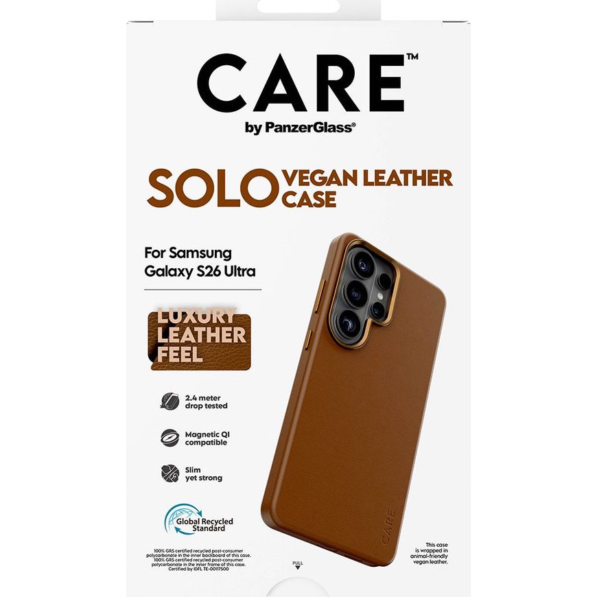 Handyhülle aus veganem Leder für Galaxy S26 Ultra, CARE by PanzerGlass Solo mit MagSafe, Braun