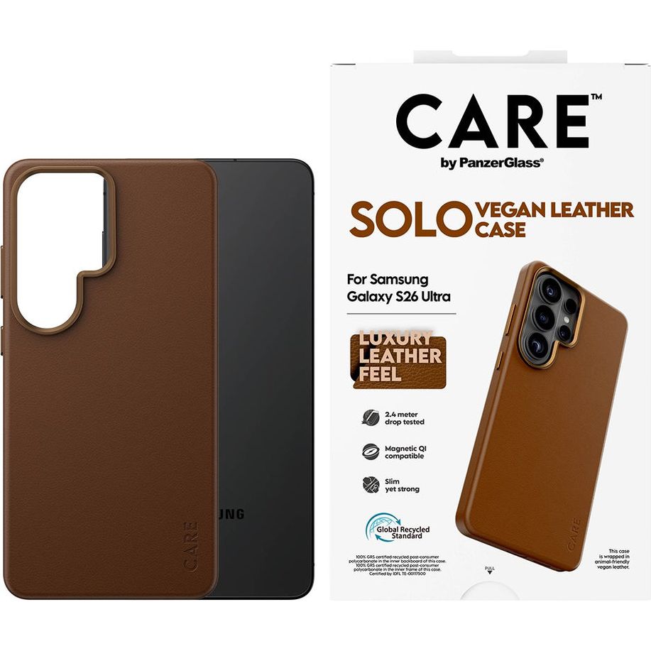 Handyhülle aus veganem Leder für Galaxy S26 Ultra, CARE by PanzerGlass Solo mit MagSafe, Braun