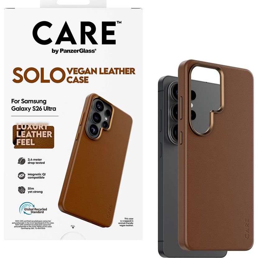 Handyhülle aus veganem Leder für Galaxy S26 Ultra, CARE by PanzerGlass Solo mit MagSafe, Braun