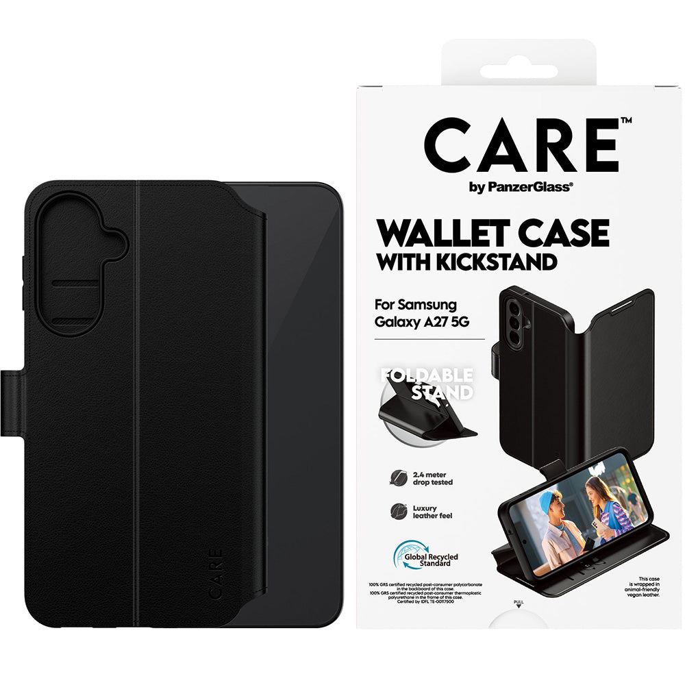 Handyhülle mit Klappe für Galaxy A27 5G, Care by PanzerGlass Wallet Case with Kickstand, Schwarz