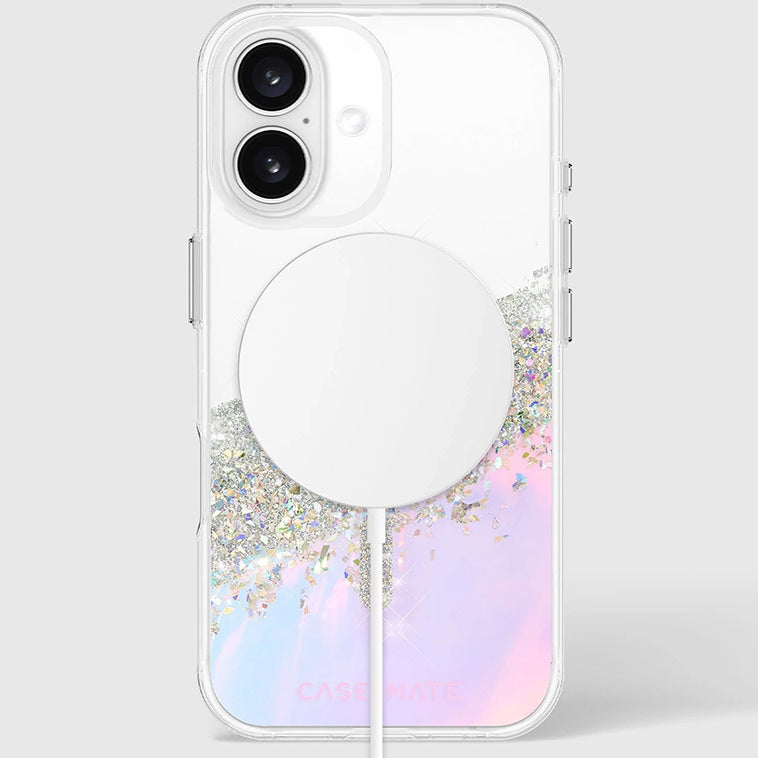 Handyhülle für iPhone 16, Case-Mate Karat Holographic Soap Bubble MagSafe, Transparent, schillernd mit silbernen Reflexen