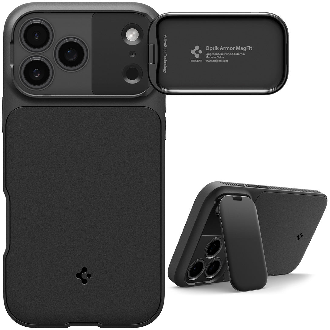Handyhülle für iPhone 17 Pro Max, Spigen Optik Armor Mag mit MagSafe, Schwarz