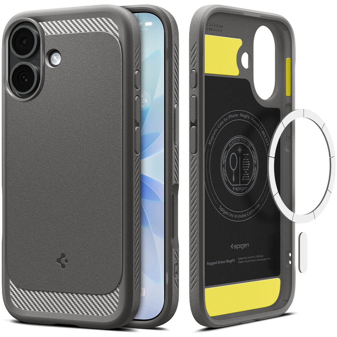 Handyhülle für iPhone 17, Spigen Rugged Armor Mag mit MagSafe, Grau