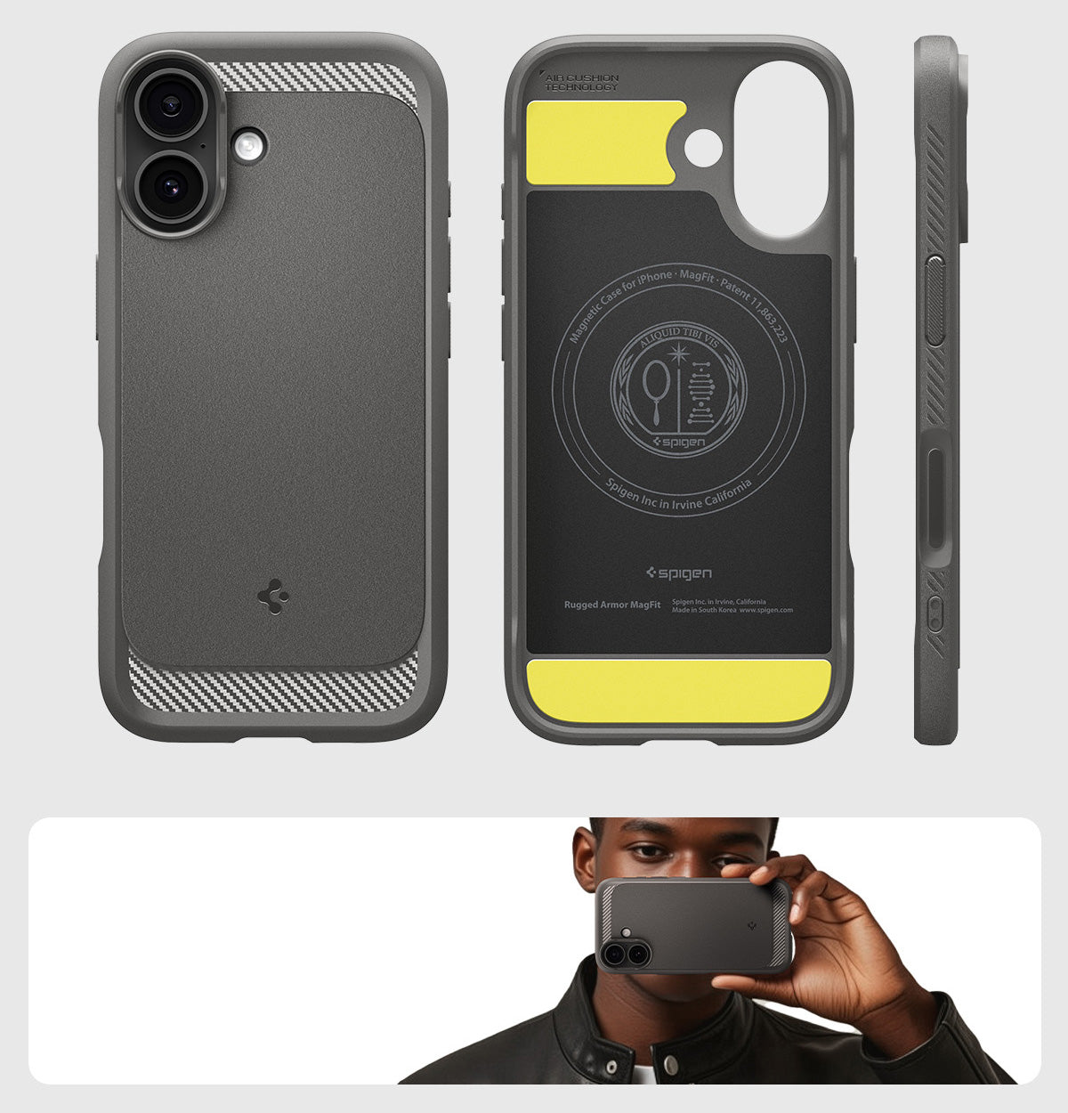 Handyhülle für iPhone 17, Spigen Rugged Armor Mag mit MagSafe, Grau