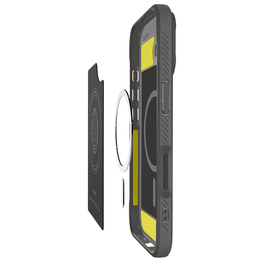 Handyhülle für iPhone 17, Spigen Rugged Armor Mag mit MagSafe, Grau