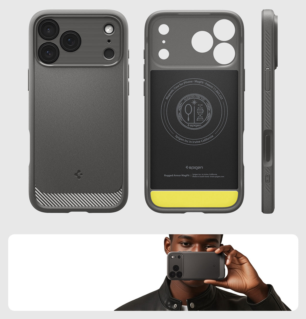 Handyhülle für iPhone 17 Pro, Spigen Rugged Armor Mag mit MagSafe, Grau