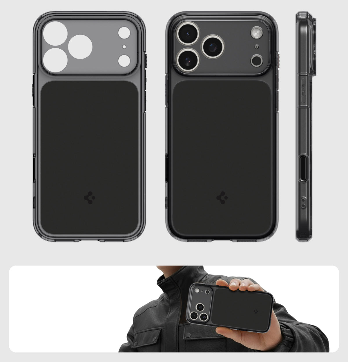 Handyhülle für iPhone 17 Pro, Spigen Ultra Hybrid T Mag (CC) mit MagSafe, Rauchfarben-Schwarz
