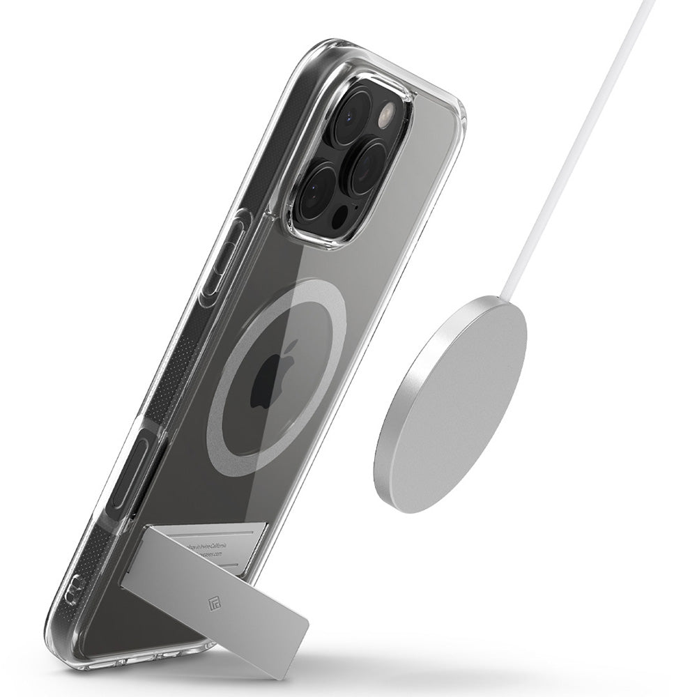 Handyhülle für iPhone 16 Pro, Spigen Caseology Capella Mag Kickstand mit MagSafe, Transparent-Grau
