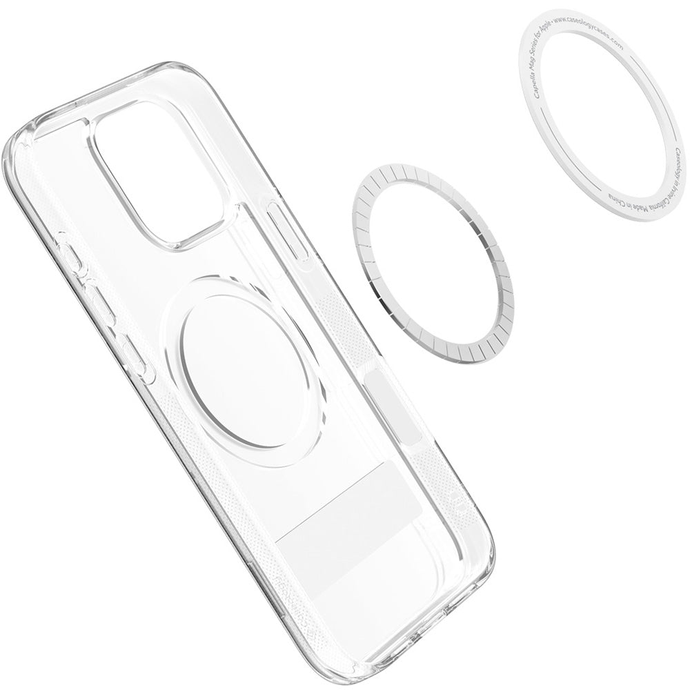 Handyhülle für iPhone 16 Pro, Spigen Caseology Capella Mag Kickstand mit MagSafe, Transparent-Grau
