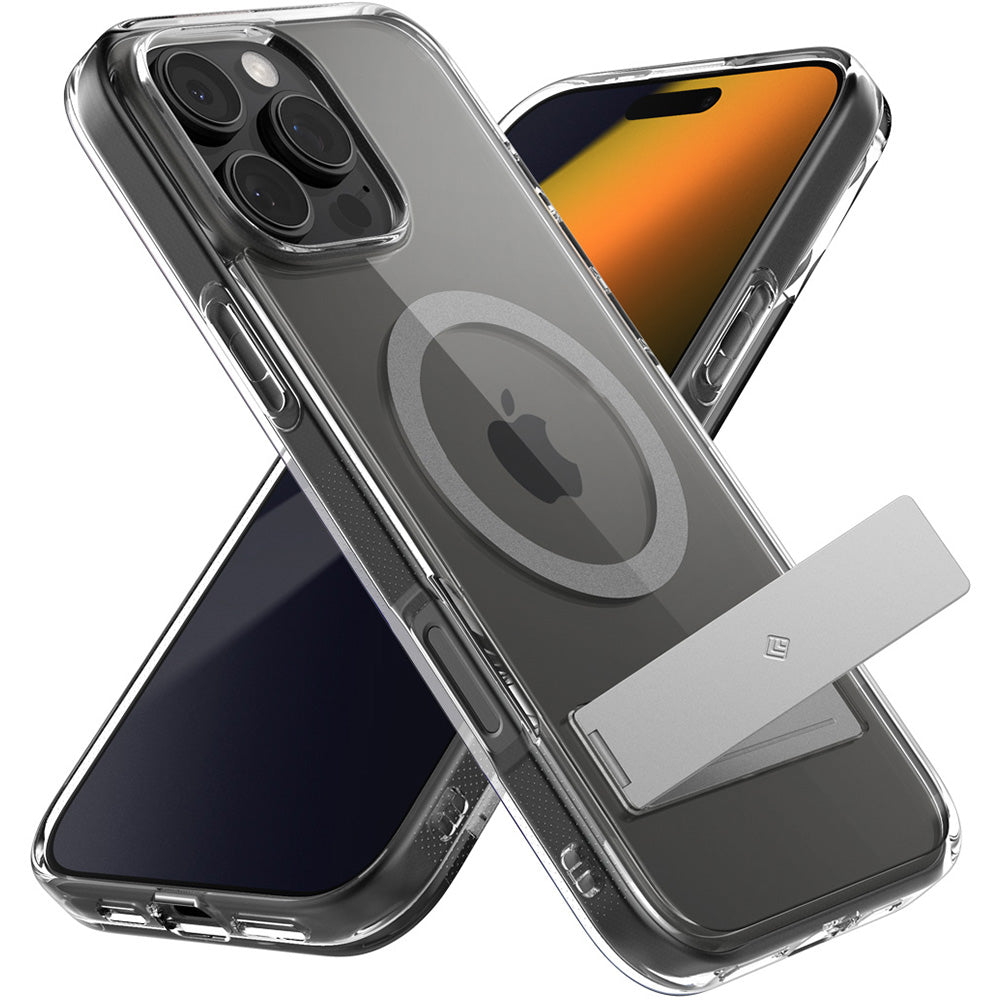 Handyhülle für iPhone 16 Pro, Spigen Caseology Capella Mag Kickstand mit MagSafe, Transparent-Grau