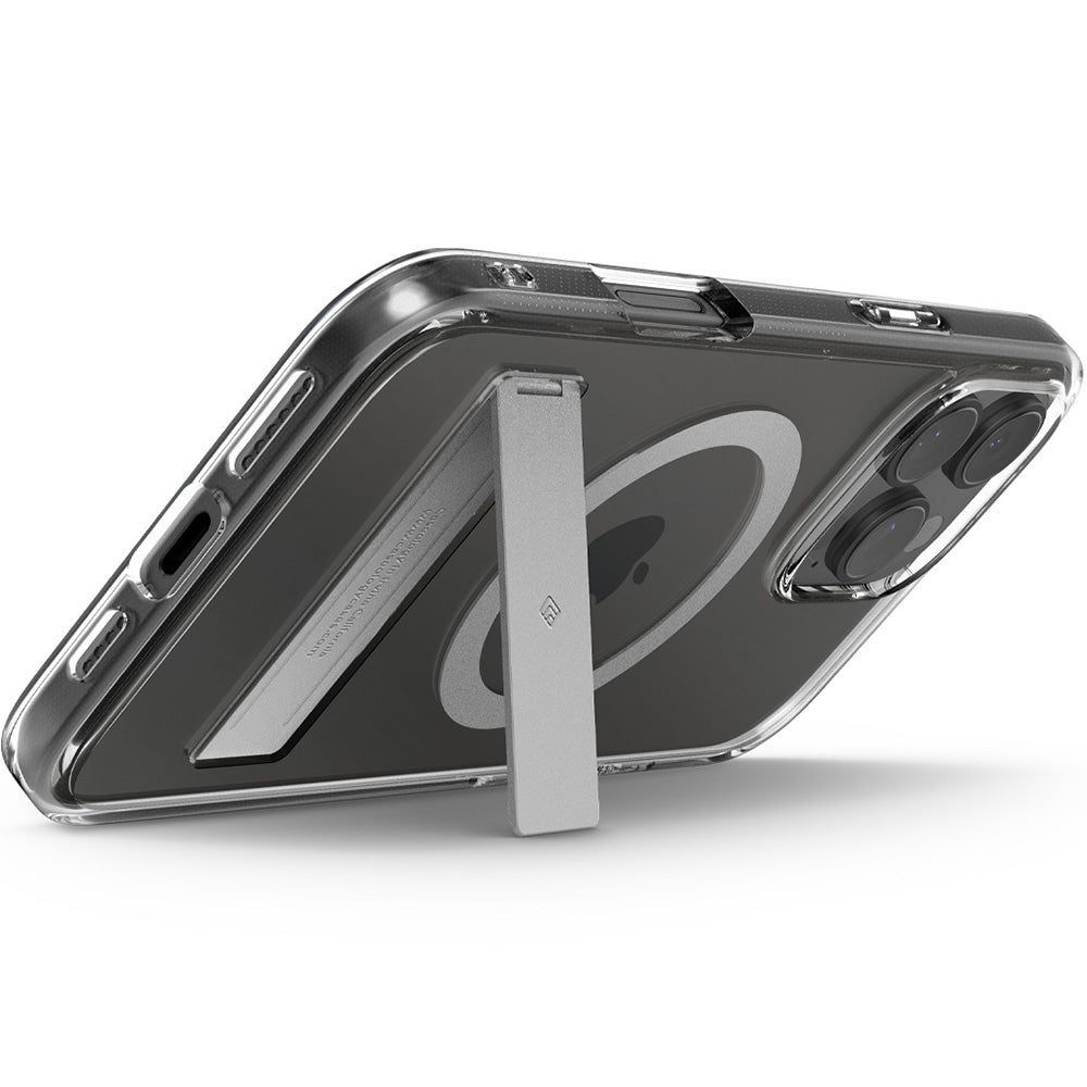 Handyhülle für iPhone 16 Pro, Spigen Caseology Capella Mag Kickstand mit MagSafe, Transparent-Grau