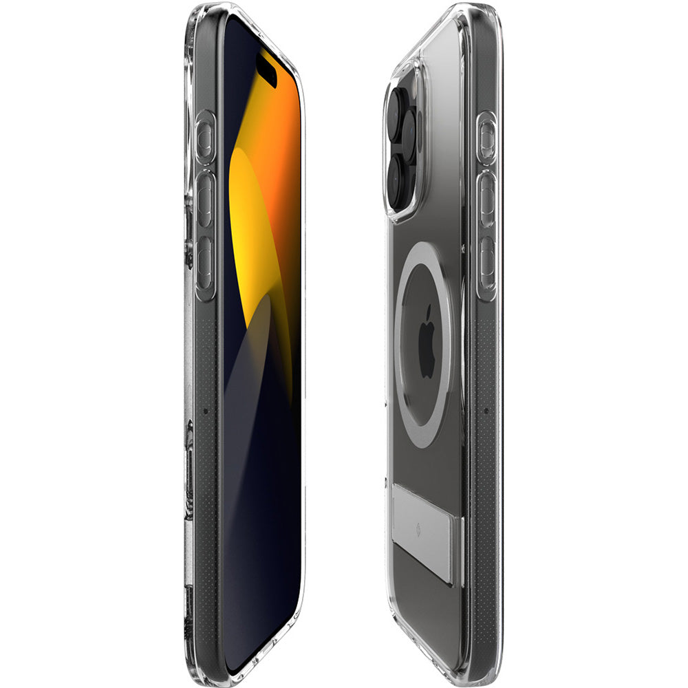 Handyhülle für iPhone 16 Pro, Spigen Caseology Capella Mag Kickstand mit MagSafe, Transparent-Grau