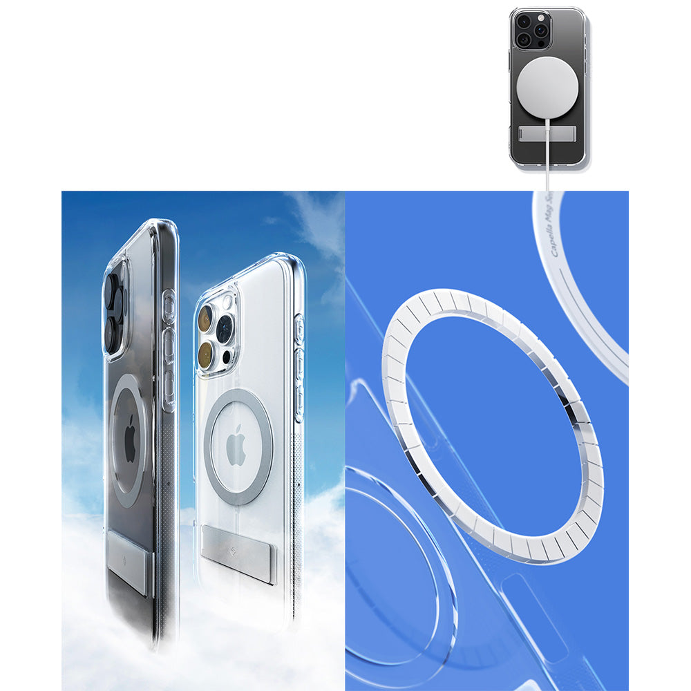 Handyhülle für iPhone 16 Pro, Spigen Caseology Capella Mag Kickstand mit MagSafe, Transparent-Grau