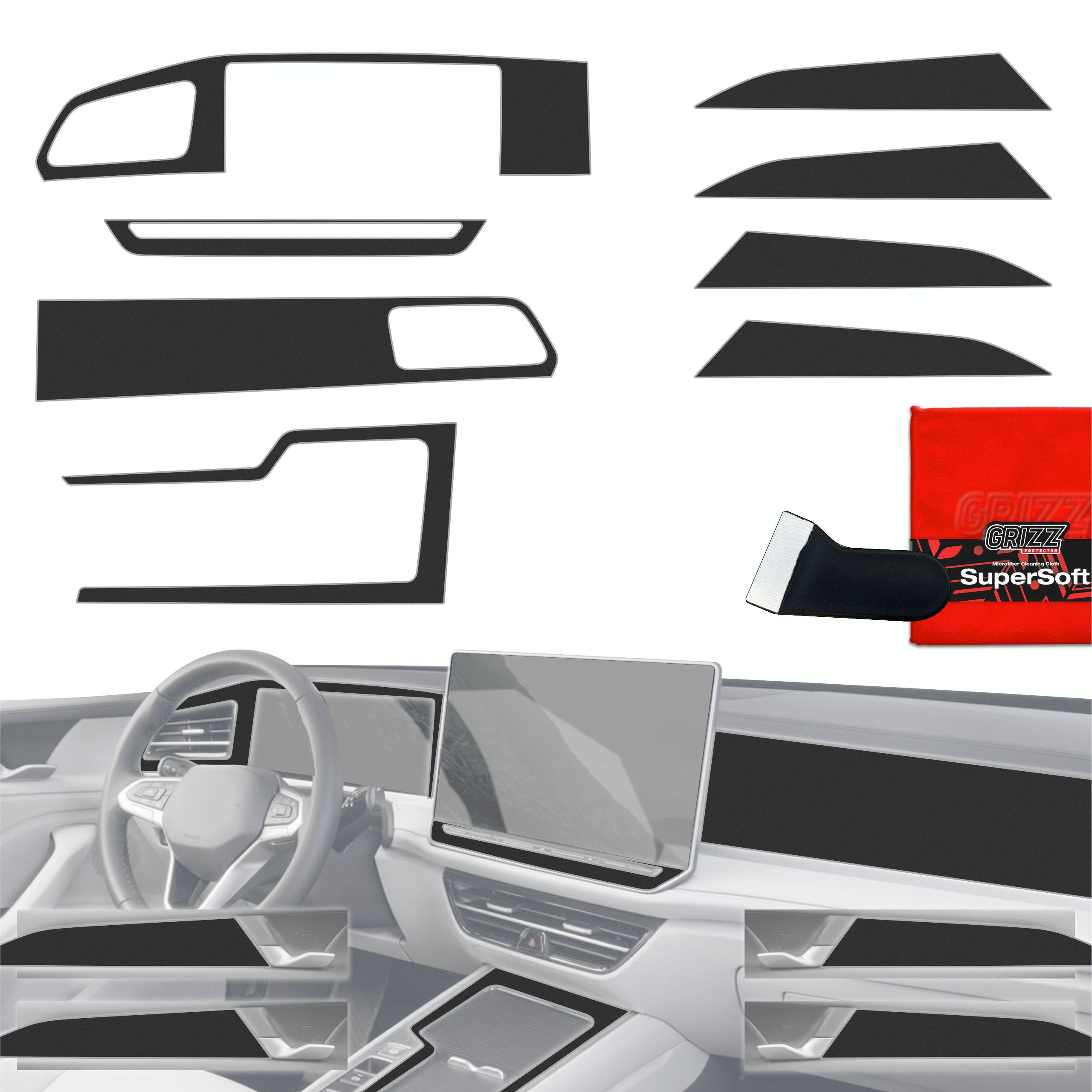 8in1 Schutzfolien Grizz Protector für Mittelkonsole & Armaturenbrett - Volkswagen Passat B9 12,9" (2024-2026) Schwarz Matt Antifingerprint