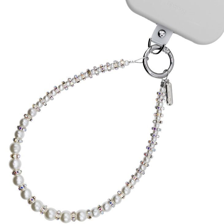 Universal-Handyband für das Handgelenk, Crong Phone Charm, silberfarben mit weißen Perlen
