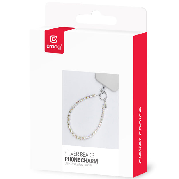 Universal-Handyband für das Handgelenk, Crong Phone Charm, silberfarben mit weißen Perlen