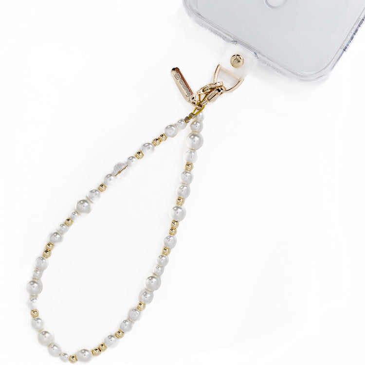 Universal-Handyband für das Handgelenk, Crong Phone Charm, weiße und goldene Perlen