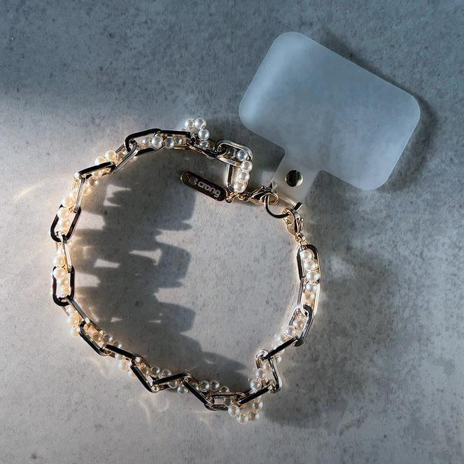 Universal-Handyband für das Handgelenk, Crong Phone Charm, eine goldene Kette mit weißen Perlen
