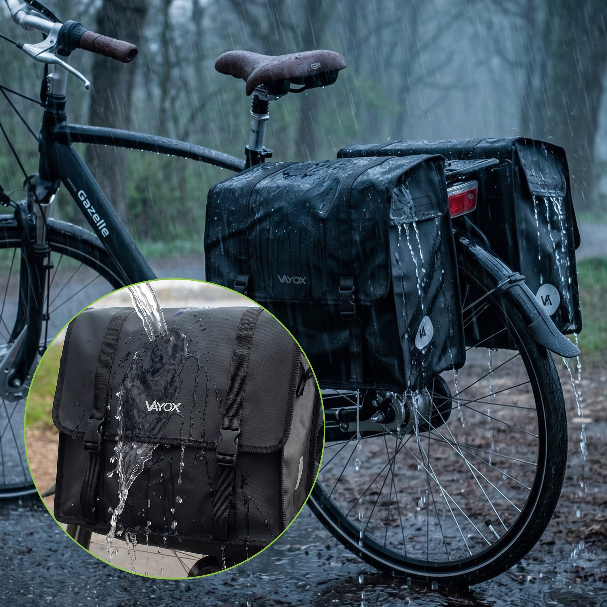 Fahrradtasche für den Gepäckträger, doppelt mit Griff, Vayox VA0446 40L, Schwarz