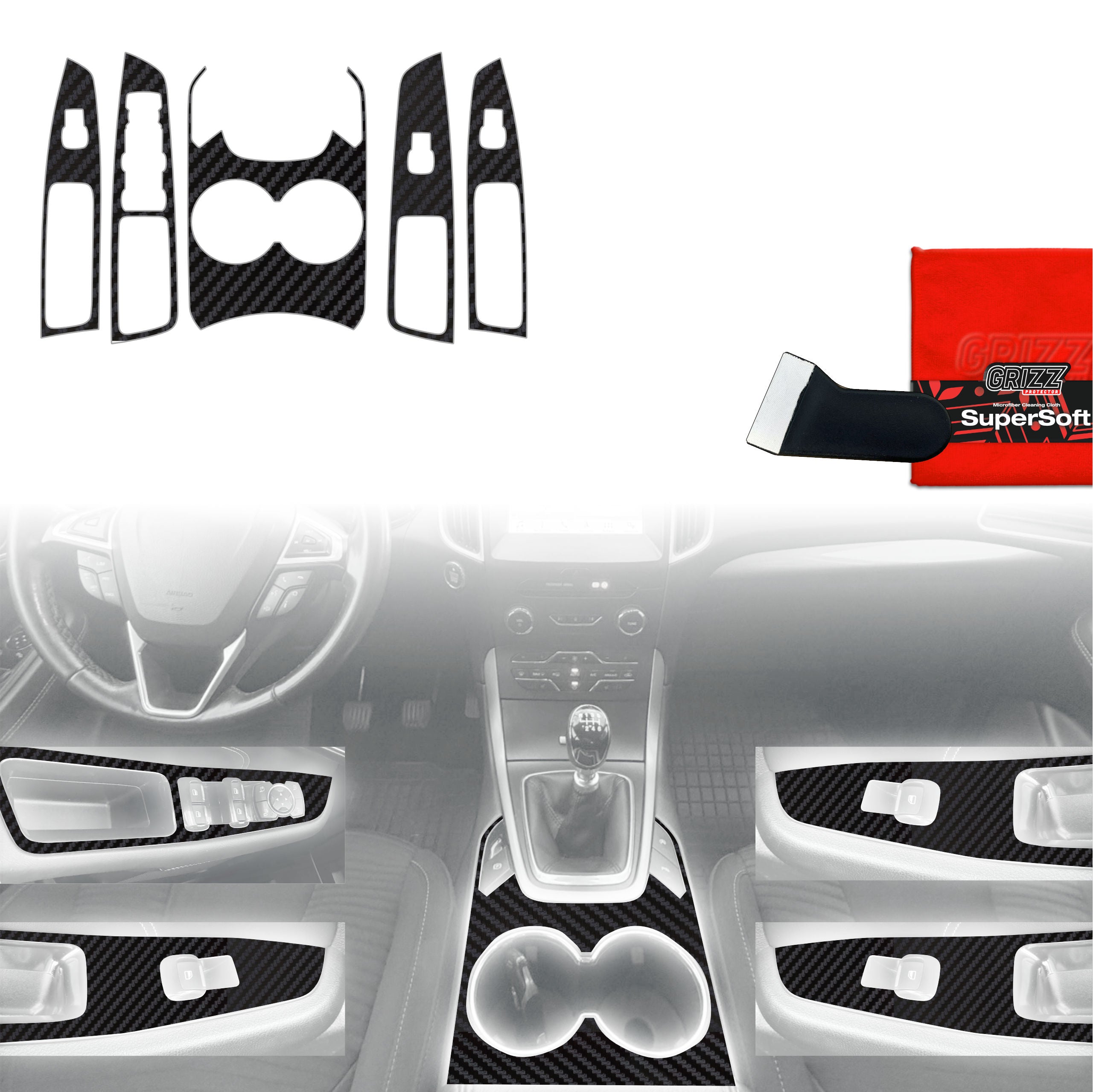 5in1 Schutzfolien Grizz Protector für Mittelkonsole - Ford S-Max MK2 (2015-2023) Carbon Optik Matt Antifingerprint