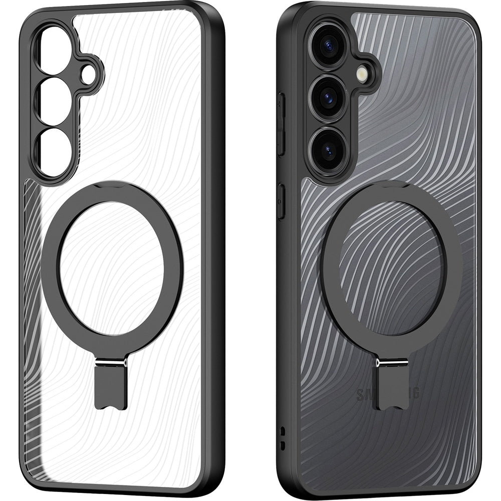 Handyhülle für Galaxy S25, Dux Ducis Aimo Mag Magnetic Stand, Transparent mit schwarzen Rahmen