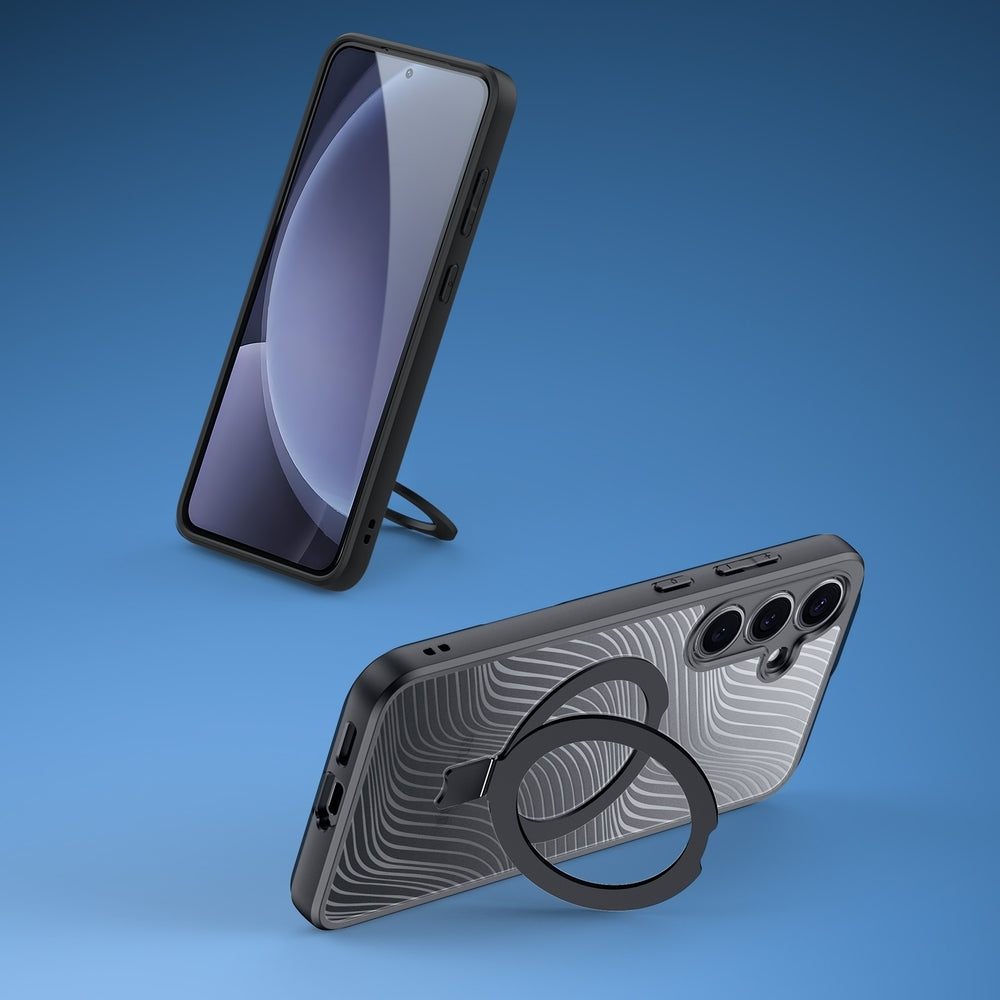 Handyhülle für Galaxy S25, Dux Ducis Aimo Mag Magnetic Stand, Transparent mit schwarzen Rahmen