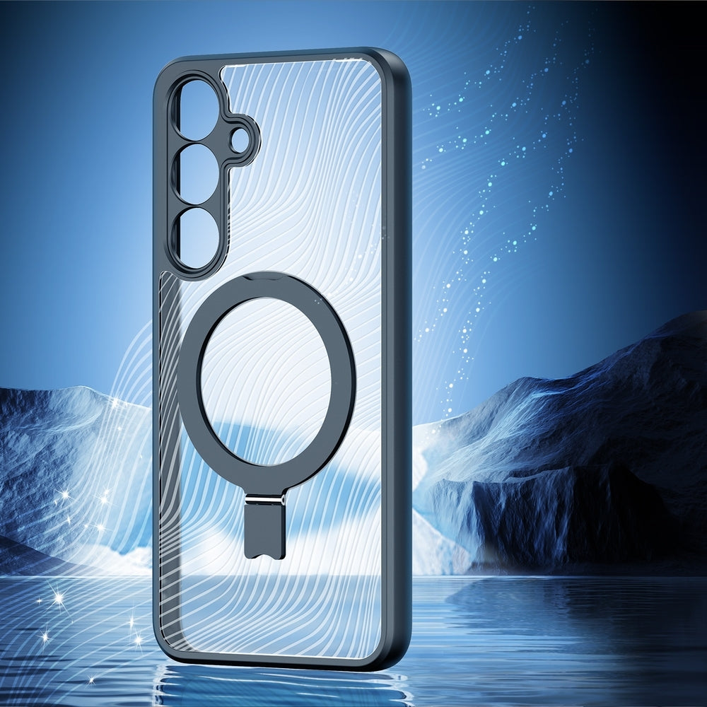 Handyhülle für Galaxy S25, Dux Ducis Aimo Mag Magnetic Stand, Transparent mit schwarzen Rahmen