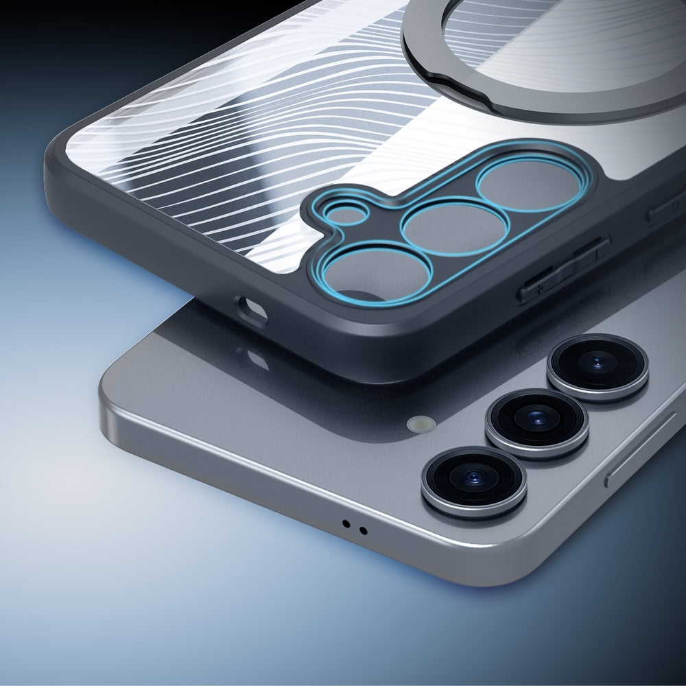 Handyhülle für Galaxy S25, Dux Ducis Aimo Mag Magnetic Stand, Transparent mit schwarzen Rahmen