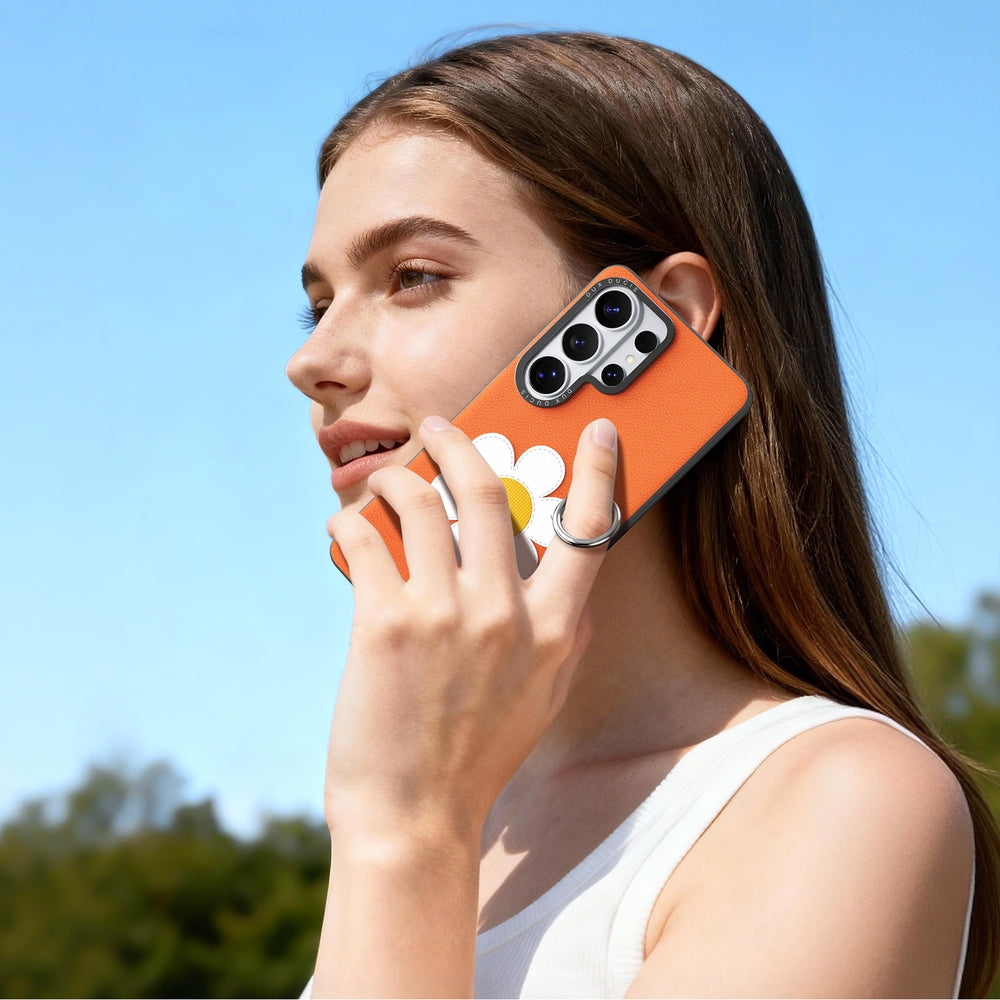 Handyhülle mit Trageband für Galaxy S26 Ultra, Dux Ducis Luvy, Orange mit Gänseblümchen